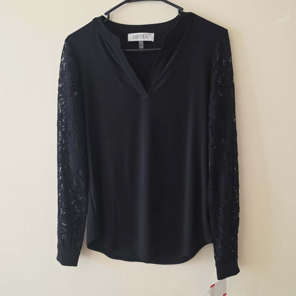 Kasper Women's Black Long Sleeve Split Neck Top Blouse Lace Sleeves Size XS NWT